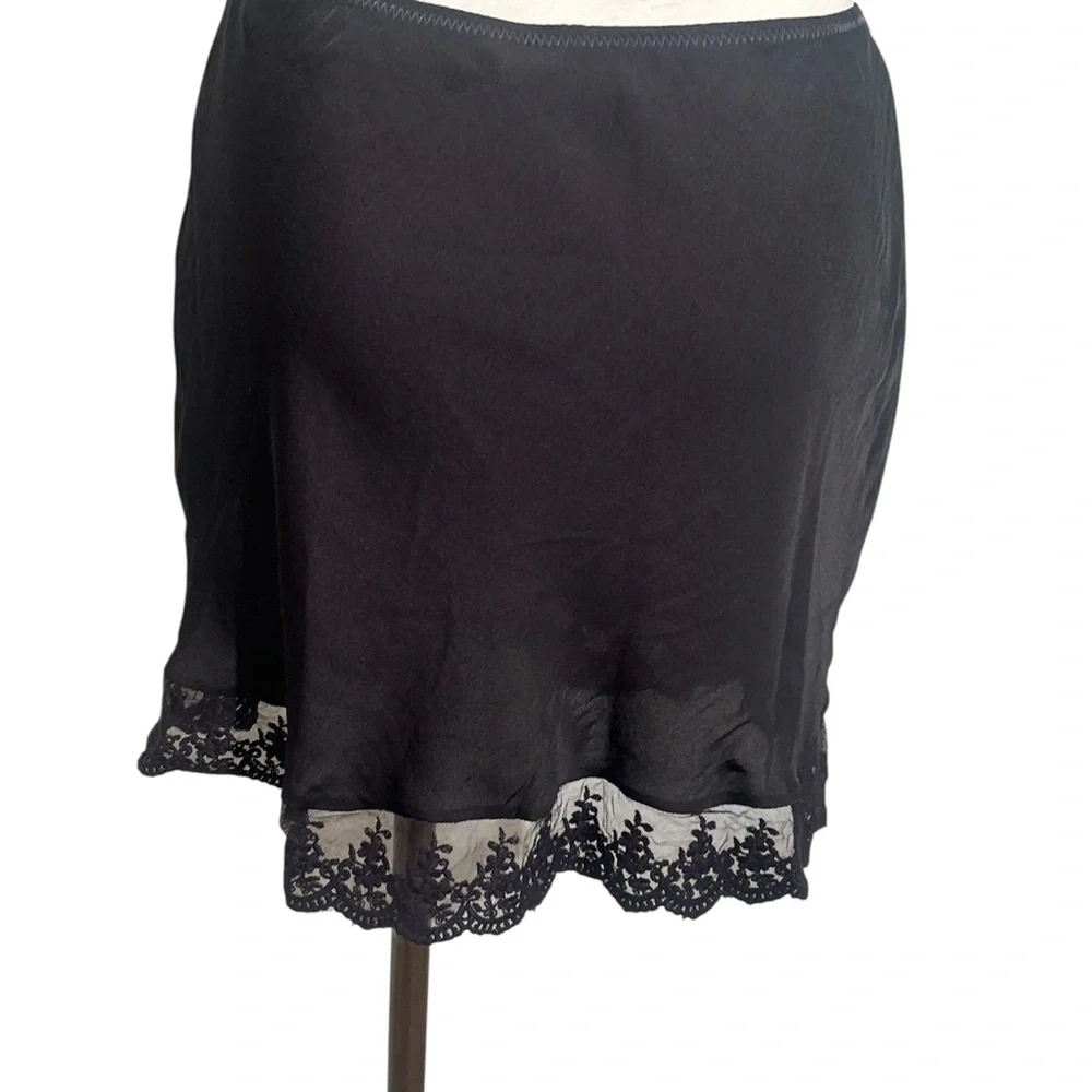 Urban Outfitters Black Mini Slip Skirt with Lace Hem and Red Rose Accent Size M